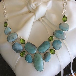 Caribbean LARIMAR AND Green PERIDOT Sterling Silver Necklace